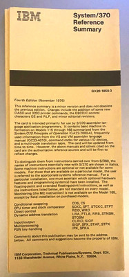 IBM System/370 Reference Summary 1976 Vintage Mainframe