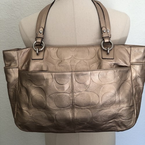 Authentic COACH Metallic Gold East West Embossed Signature Leather Tote Bag - Picture 6 of 8