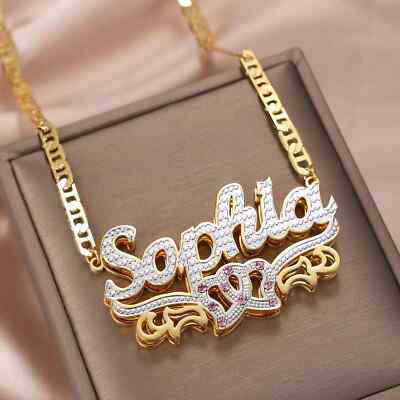Custom 3D Name Necklace Personalized Birthstone Figaro Cuban Flat Chain Women