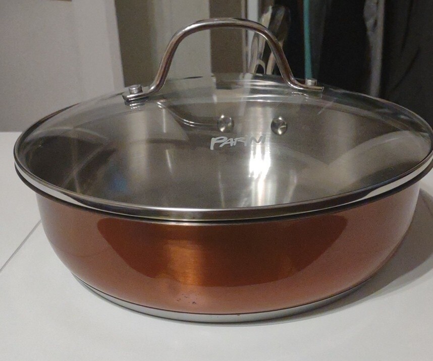 Parini Cookware 9.5 Inch Stainless Steel Sauté Pan W Glass Lid Copper