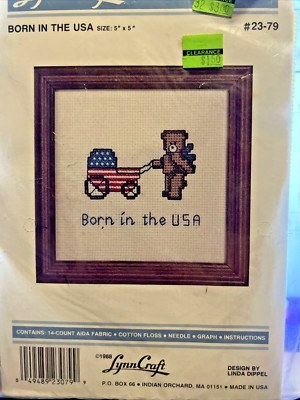 1988 Lynn Craft Cross Stitch Kit #23-79 ''Born in the USA'' Bear/Wagon  5x5