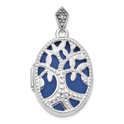 Echt 14kt Weißgold Diamant Baum 23mm blau Stoff Medaillon Anhänger