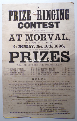 1896 Campanologie KIRCHENGLOCKEN LÄUTEN STREICHHOLZ Poster MORVAL CORNWALL Liskeard Glocke