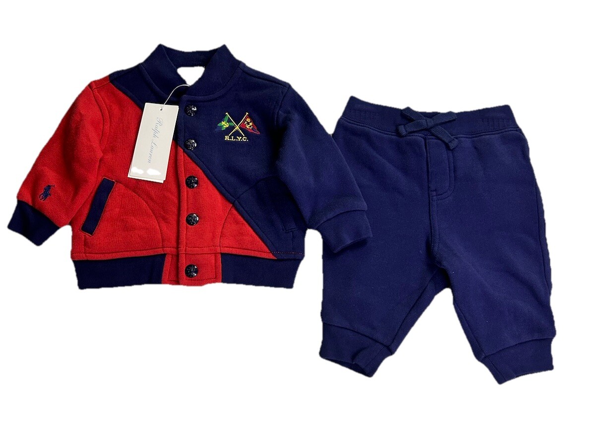 PONY Polo Ralph Lauren bambino 3M pile giacca da baseball e pantaloni da jogging set 2 pezzi nuovi con etichette $89