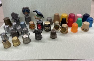 Huge lot of  34 assorted thimbles metal pewter plastic wooden brass Prudential