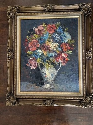 Ilias Signed Impressionist Oil Painting, Floral Vase Still Life, Framed, Holland