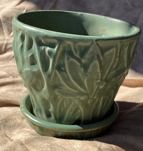 McCoy Lotus Planter W/ Dish Vintage Green Pottery Flower Pot