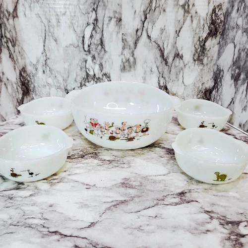 Anchor Hocking Fire King Johnny Hart B.C. Ice Age Serving Bowl 4 Small Bowl Set