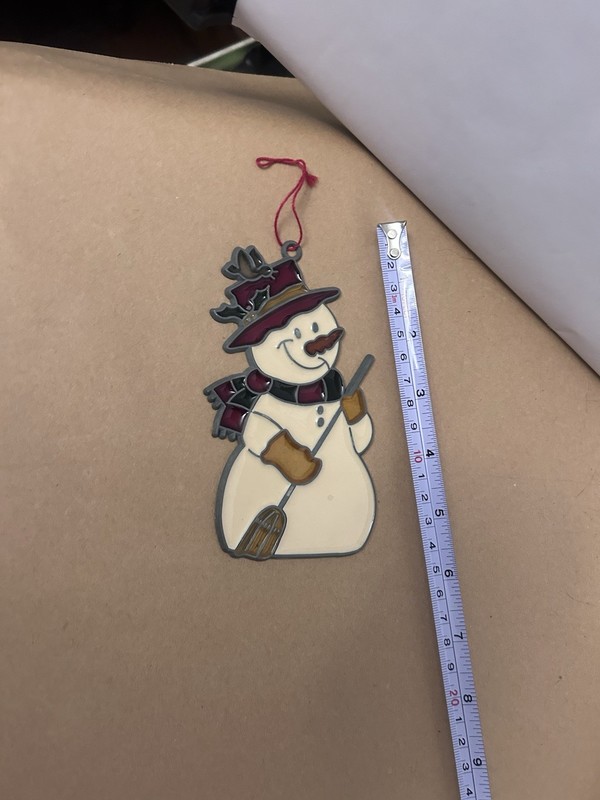 VTG Christmas Stained Glass Ornament Snowman with Broom