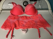 Victoria Secret Garter Belt Skirt Demi Sexy Padded Bra Set 34 D Rhinestone Pink