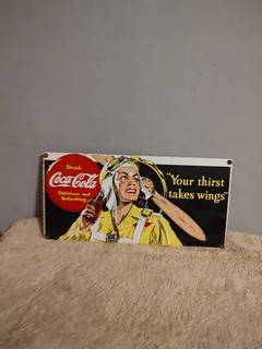 Coca Cola Ande Rooney Porcelain Enamel Sign Your Thirst Takes Wings Pilot 14 x 7