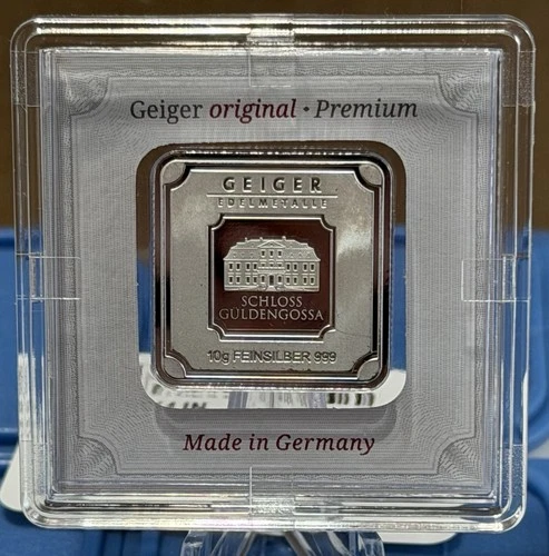 Geiger Edelmetalle 10g Silver Bar in assay .999 Fine Schloss Güldengossa