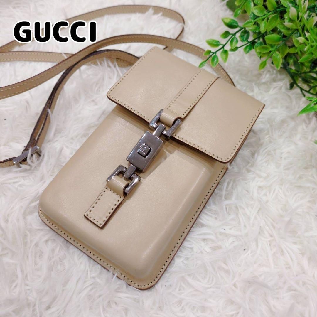 Gucci 0392000471060 Jackie Phone Shoulder Bag Leather Beige From Japan
