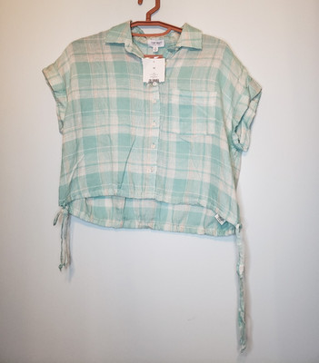 True Craft Womens M Linen Blend Crop Top Button Front Short Sleeve Green Plaid 