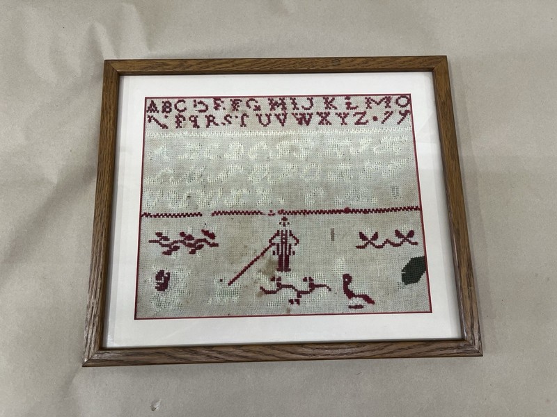 Early 19th Century Emelle Mariebeck Steans 1910  Sampler Man Walking A Dog