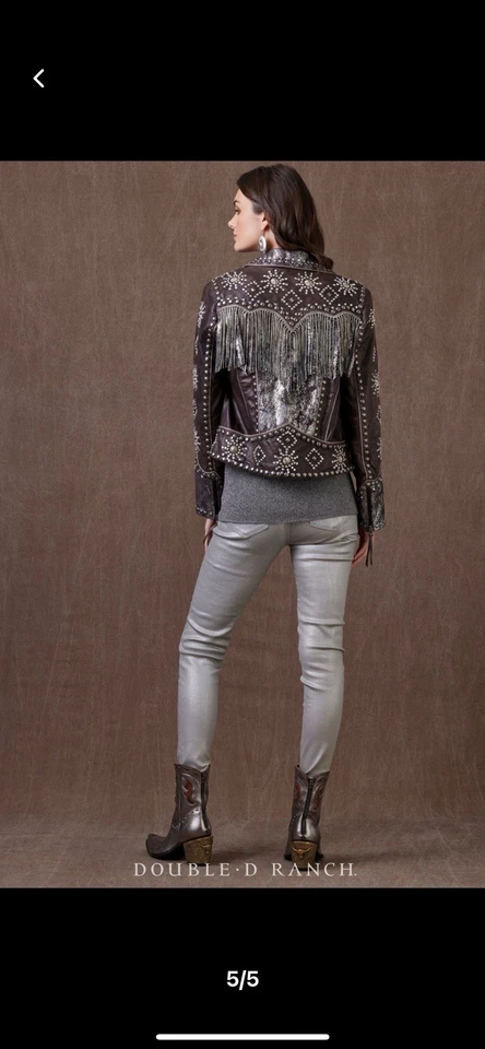 Chaqueta de motociclista de cuero Double D Ranch 5 m cristales tachuelas estrás flecos $1495 S Foto 4 de 4