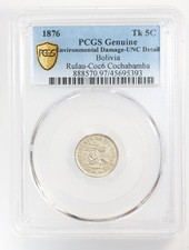 1876 Bolivia 5 Centavos Token - PCGS UNC Detail - Environmental Damage - Coc6