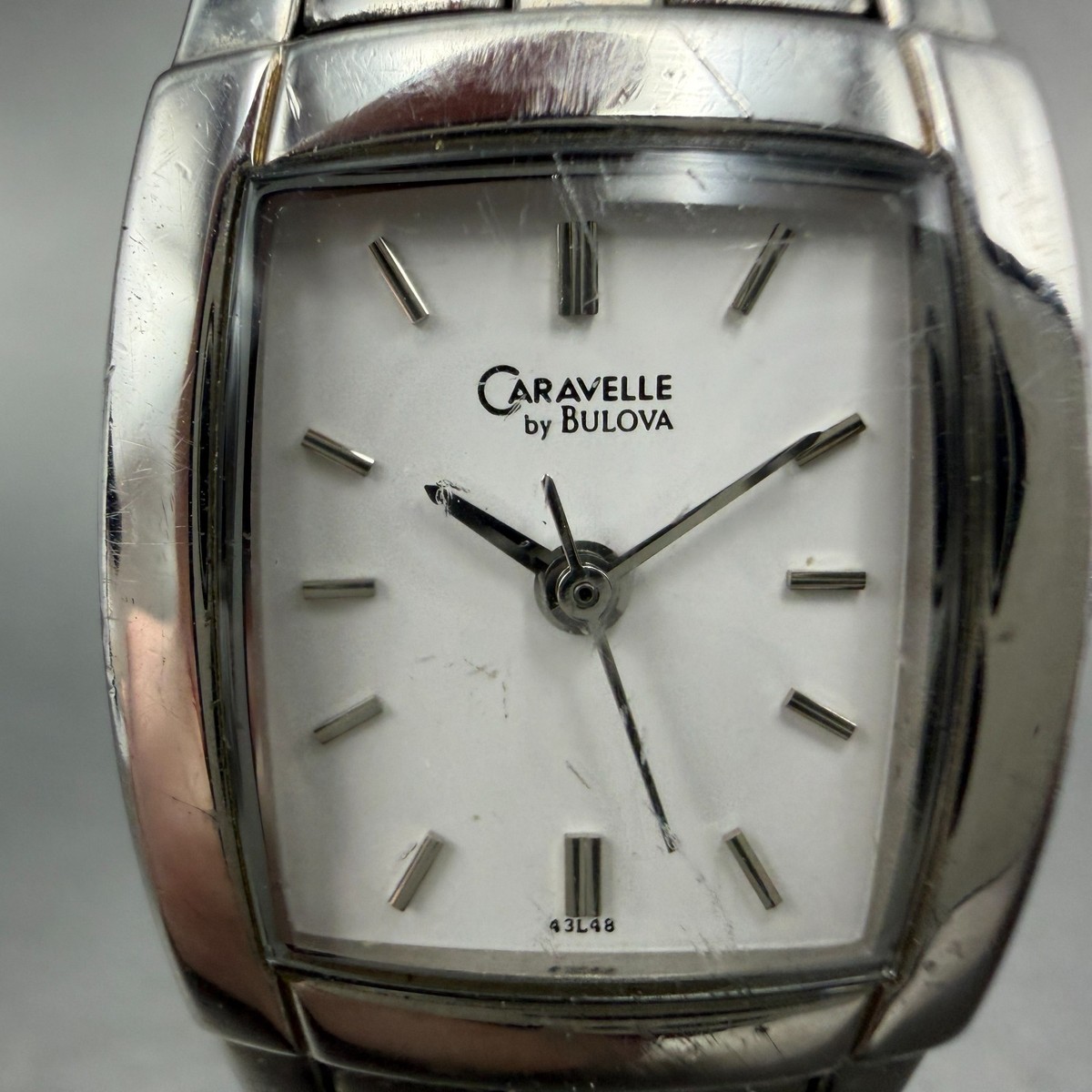 Bulova Caravelle Tank Watch 20mm White Dial Silver Tone Rectangle