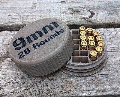 Compact 9mm Ammo Storage Container - Holds 28 Rounds Each, Screw On Lid