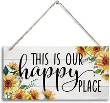 Sunflower Theme Wood Decor Sign, This Is Our Happy Place, Hanging Printed Wooden