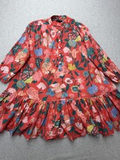 J Crew Dress Womens XS Red Floral Ruffle Hem Long Sleeve Cotton Boho Tunic