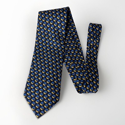 Ermenegildo Zegna Blue Tie w/ Gold Navy 3D Cube Geometric Pattern Classic Mens
