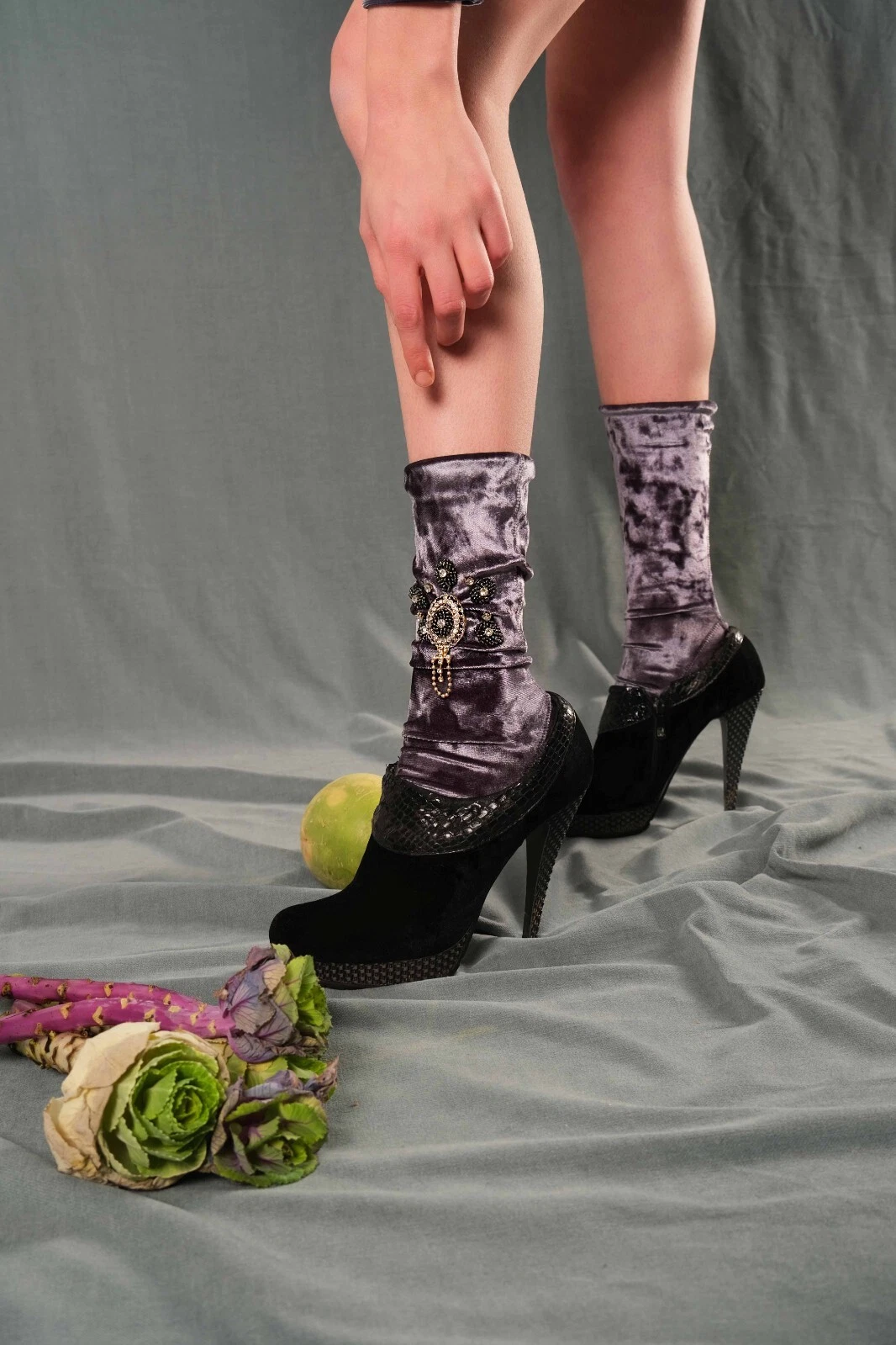 Handmade and Stone Embroidered Velvet Women's Socks