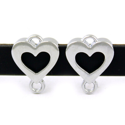 10 Silver Alloy Hollow Heart With Loop Slide Charms Bead Fit 8mm Flat Bracelets