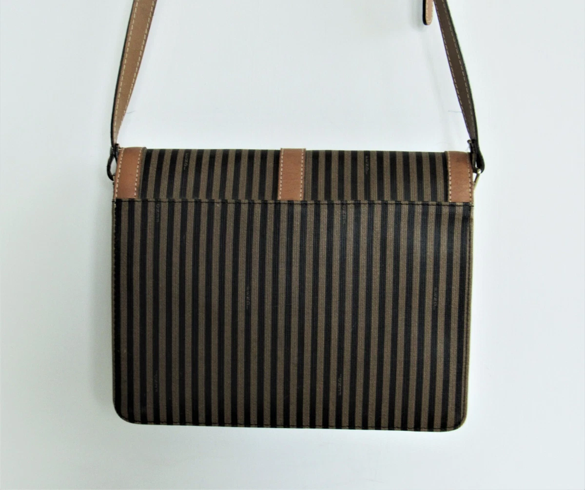 Vintage Fendi S.A.S. Pequin Stripe Tan Leather Shoulder Crossbody Bag
