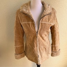 Maurices Vintage Penny Lane 100% Leather Suede Faux Fur Trim Hooded Coat Jacket