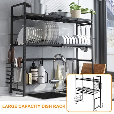 2Tier Home Kitchen Sink Dish Drying Rack Drainer Bowls Cup Shelf Utensils Holder