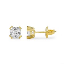 Gold Fancy Princess Cut CZ Mens Stud Earrings Screwback