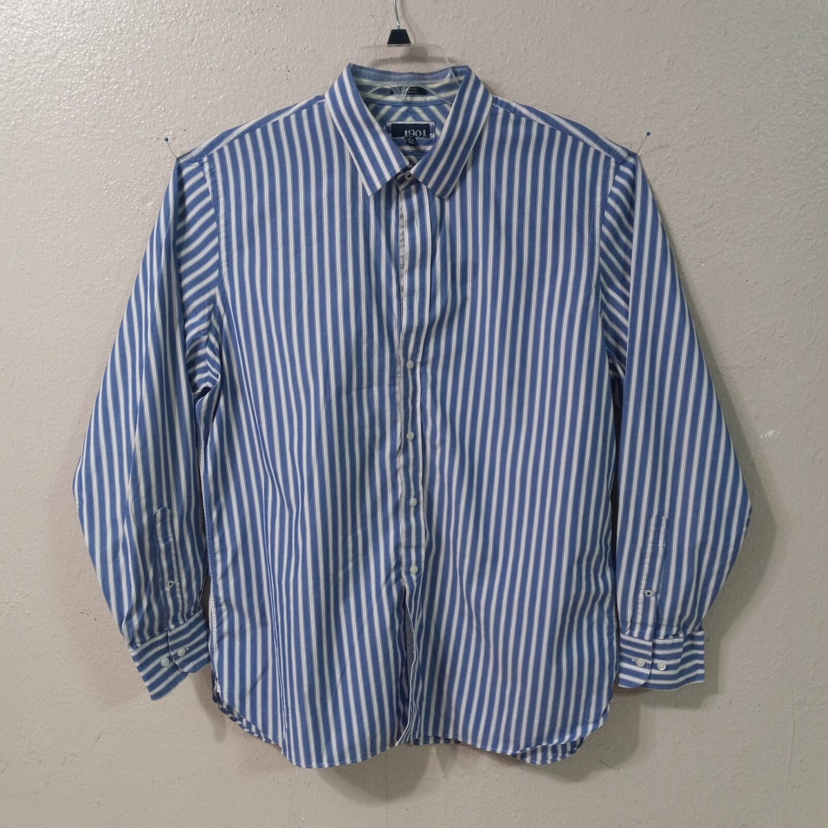 1901 dress shirt 1901 Men Button Up Shirt 17 34 35 Blue White Striped Long Sleeve Collared  5054