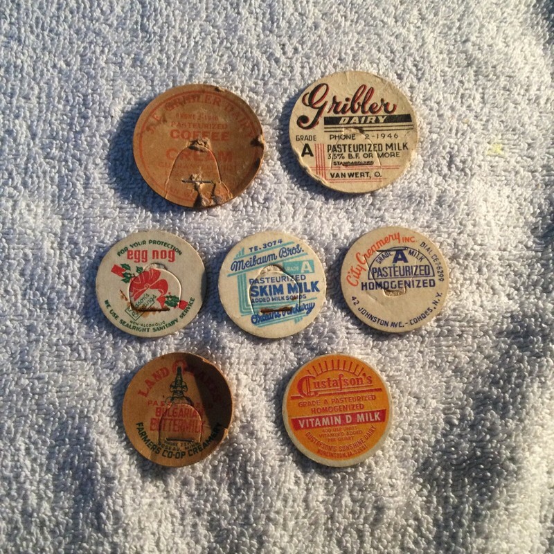 7 Dairy Tops/Caps, Gribler Dairy, Land O Lakes, City Creamery, Meifaum Bros.G/VG