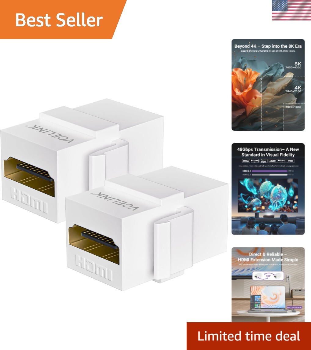 Dual HDMI 2.1 Female Snap-in Keystone Adapter for 8K 4K 2 Pack