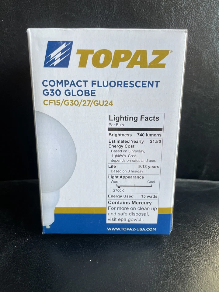 TOPAZ CF15/G30/27/GU24 GLOBE Bulb GU24 BASE! Compact Fluorescent 740 Lumens - Image 3 of 4