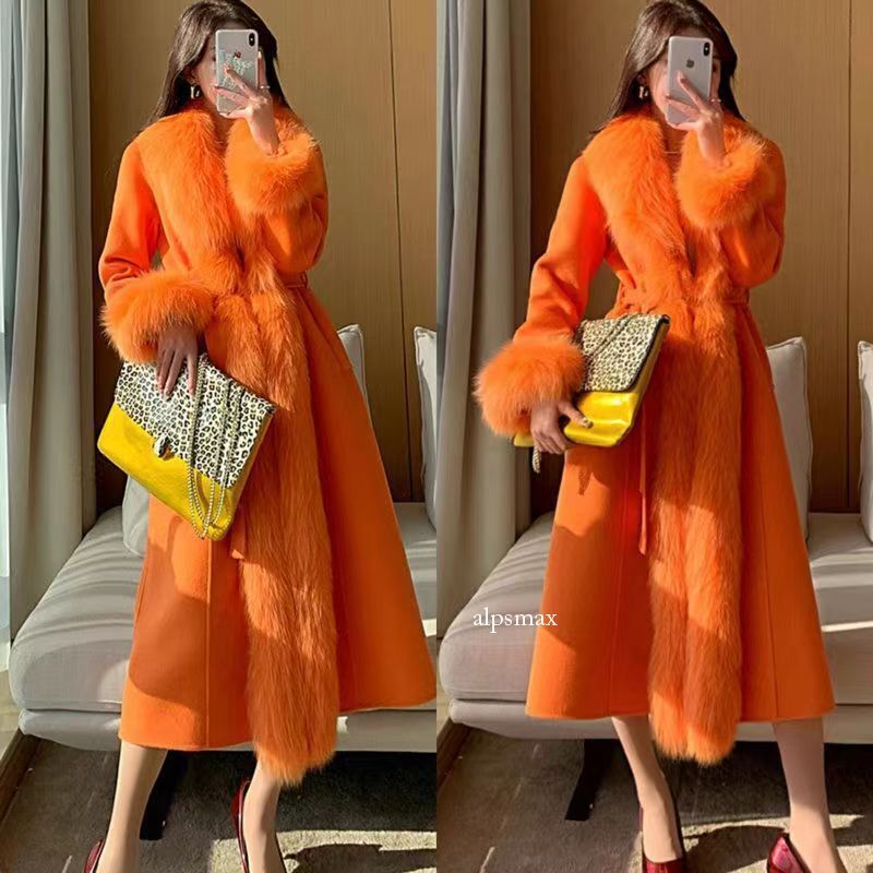 Womens Wool Blend Coat Fur Big Fur Collar Long Cashmere Jacket