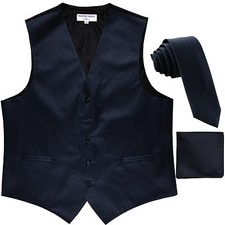 New Men's Solid Tuxedo Vest Waistcoat  1.5" Skinny Necktie Set Navy Blue Formal
