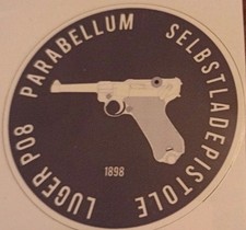 Aufkleber: "P 08 Luger Parabellum Pistole" 70 mm Durchmesser.  
