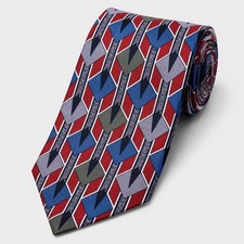 Oscar de la Renta Mens 100% Silk Tie Geometric Red Blue Grey Woven Made in USA l