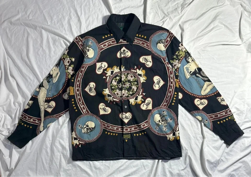 Vintage JPG Jean Paul Gaultier Pinup Girl Skull Graphic Shirt Black Men Size 48 image 4