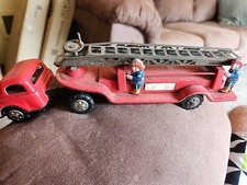 Vintage Tin Litho F.D. Ladder Fire Truck Trailer and Truck Japan