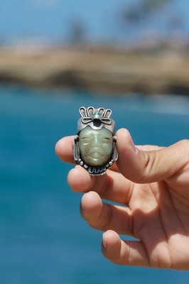 Mexican Tribal Carved Jade Face Adjustable Sterling Silver 950 Ring Size 10