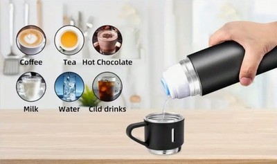 Edelstahl Isolierflasche Thermoflasche Flachmann mit 2 Tassen Kaffee Tee Becher UK