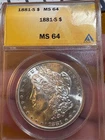 1881-S Morgan Silver Dollar --  Bright White Untoned Coin - ANACS  MS 64