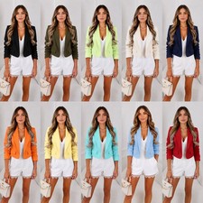 Women’s Cropped Blazer Ladies Smart Casual Ruched Sleeve Open Front Jacket