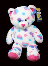 BAB Build A Bear White Plush Bear Pink Purple Teal Hearts Stuffed Animal 16"