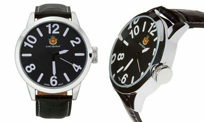 NEW Louis Richard 9821 Men's Dalton Black Dial Leather Strap Silver Case  Watch