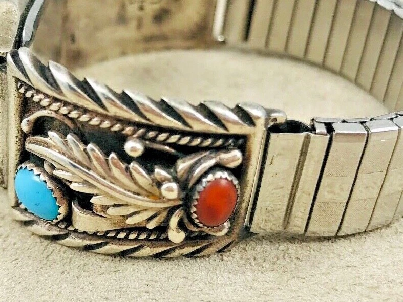 Puntas de reloj grandes Navajo Skyway Trading Co turquesa esterlina coral con reloj Foto 3 de 4