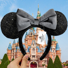 HOT Disney-Park's Black Gray Ribbon Headband Minnie Ears US Disneyland Ear